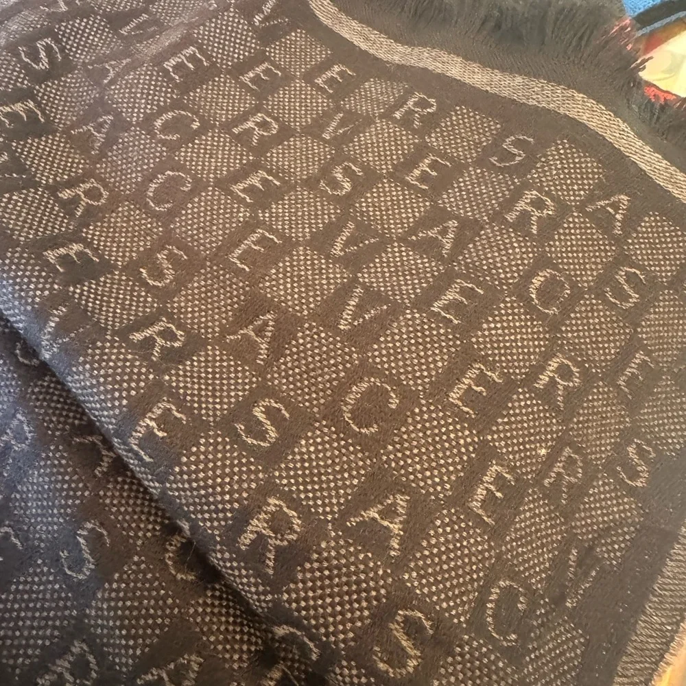DRAMATIC PRICE DROP: Gray and White, Vintage, VERSACE repetitive letters, wool